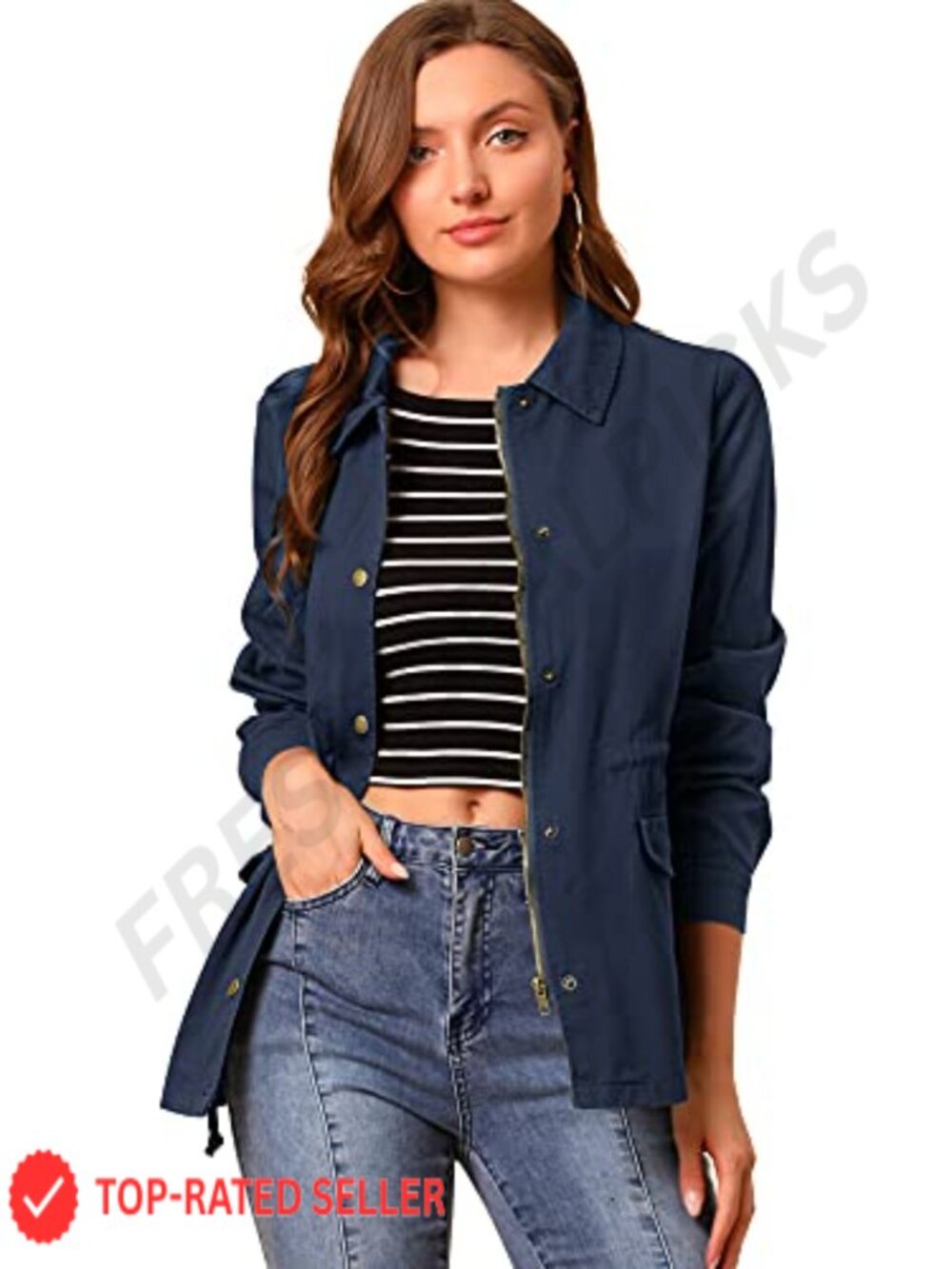 Women's Cotton Utility Jacket Zip Up Drawstring Waist Long Sleeve Anorak